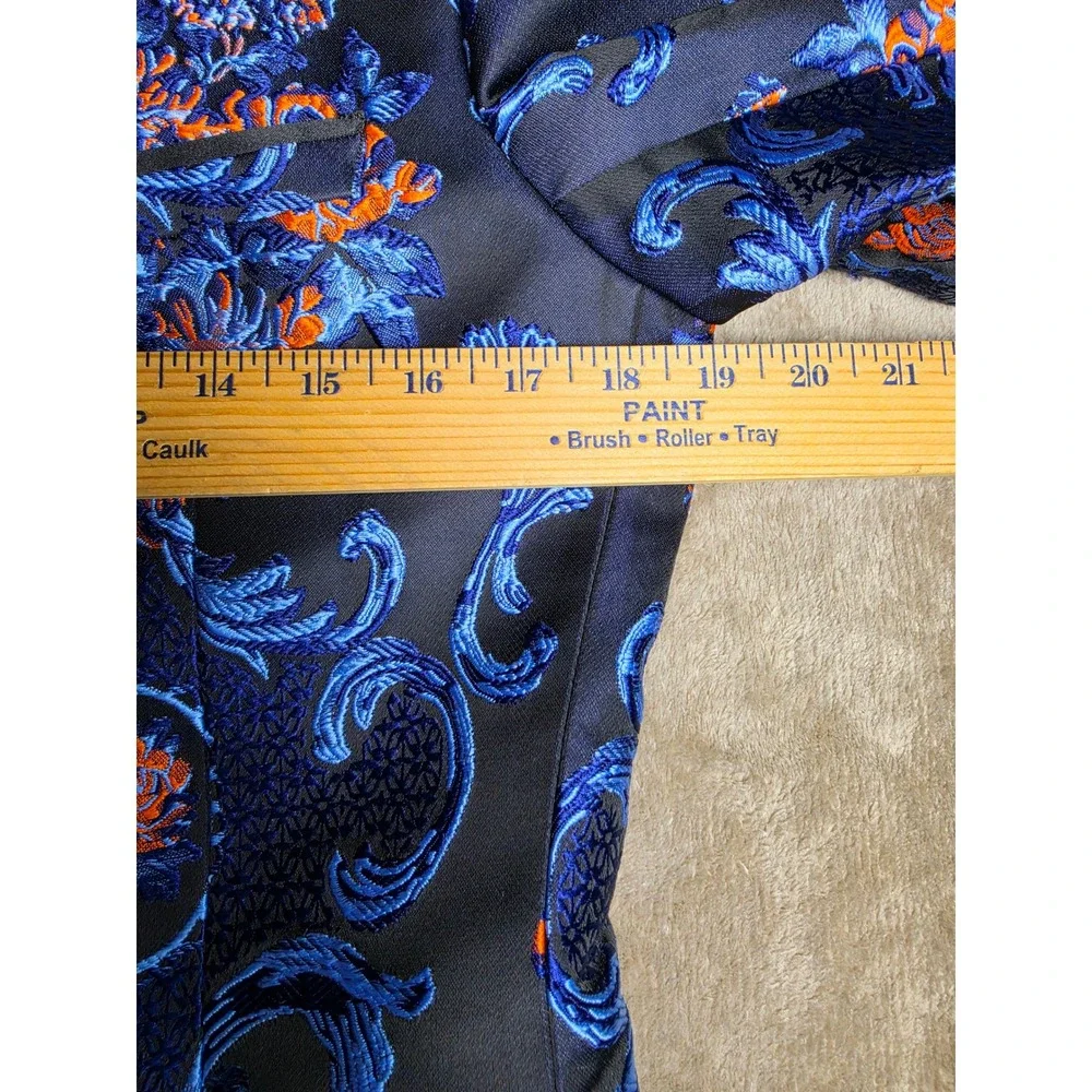 Retro Paris Monte Carlo III Blazer Indigo Blue Orange Floral Damask Tuxedo 36S